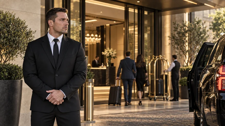Hotel entrance with a security officer at the door