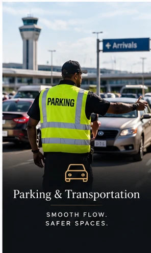 Illustrative traffic-support officer in a high-visibility vest outside a transport terminal